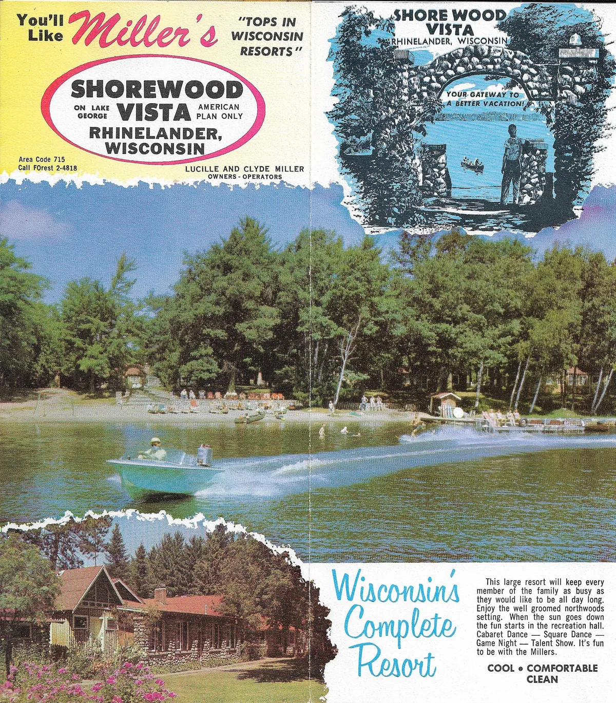 Vintage foldout brochure for Miller's Shorewood Vista showing the beach, a speedboat on Lake George, and a stone-faced cottage