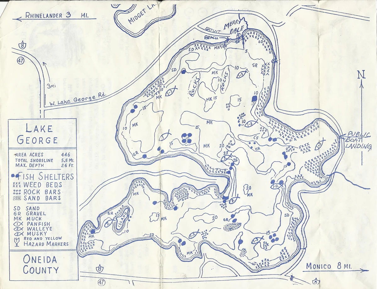 Hand-drawn fishing map of Lake George, Oneida County, marking fish shelters, weed beds, rock bars, and depths