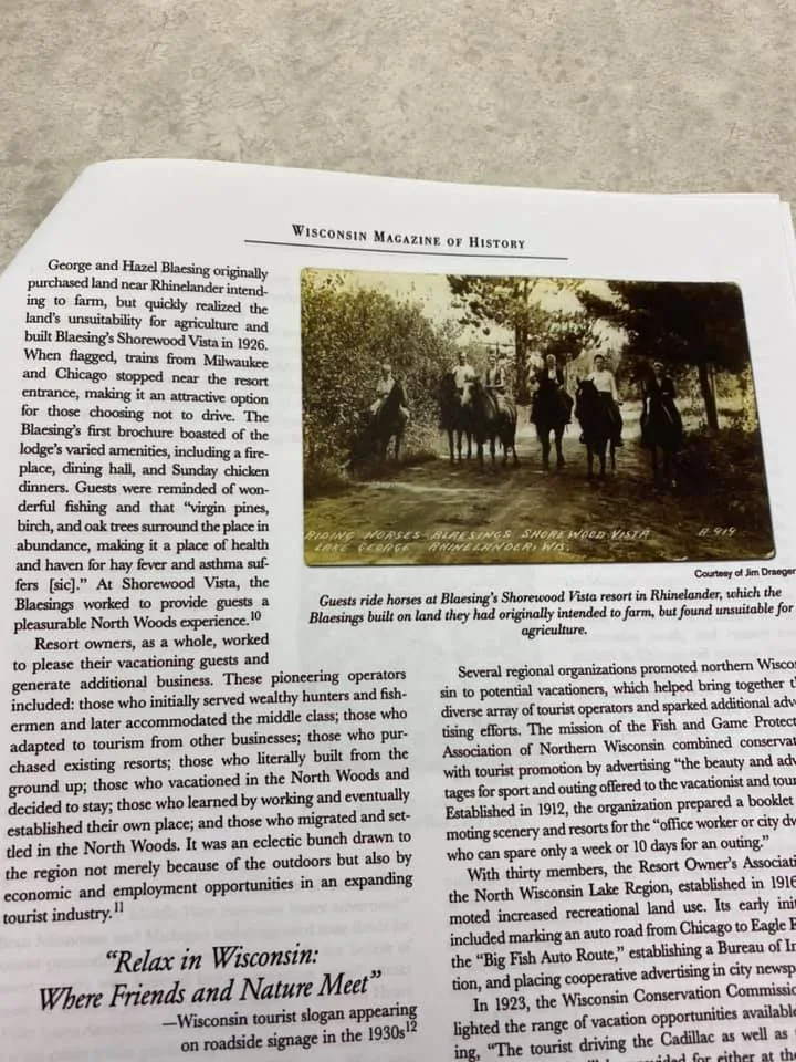 Wisconsin Magazine of History page showing a postcard of guests on horseback at Blaesing's Shorewood Vista