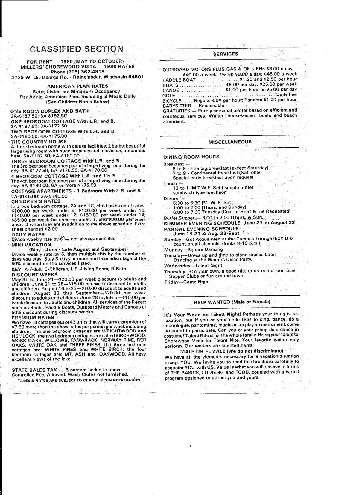 1986 rate sheet for Millers' Shorewood Vista listing American Plan rates, cottage names, dining room hours, and the evening schedule